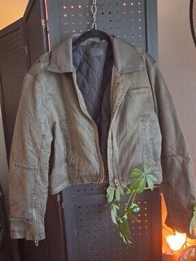 Womens  Washed Olive Bomber Jacket with Quilted Lining
